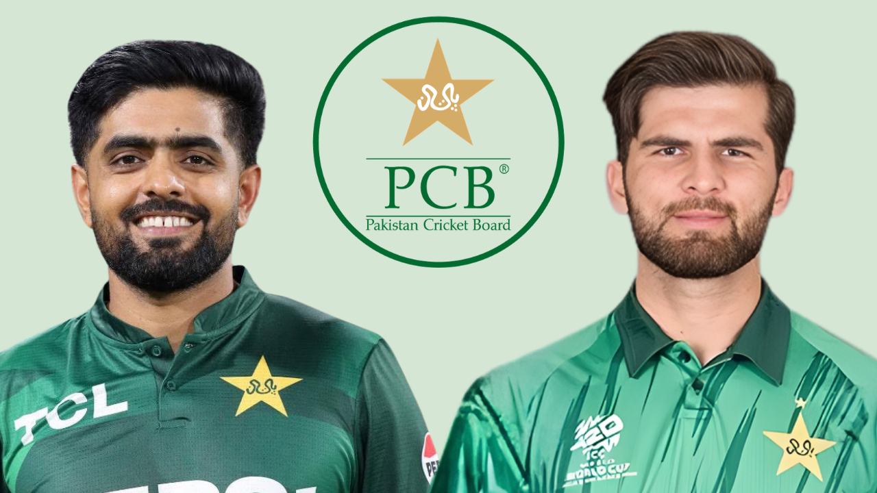 Babar Azam and Shaheen Shah Afridi pictured alongside the Pakistan Cricket Board (PCB) logo, representing key figures in Pakistan's national cricket team.