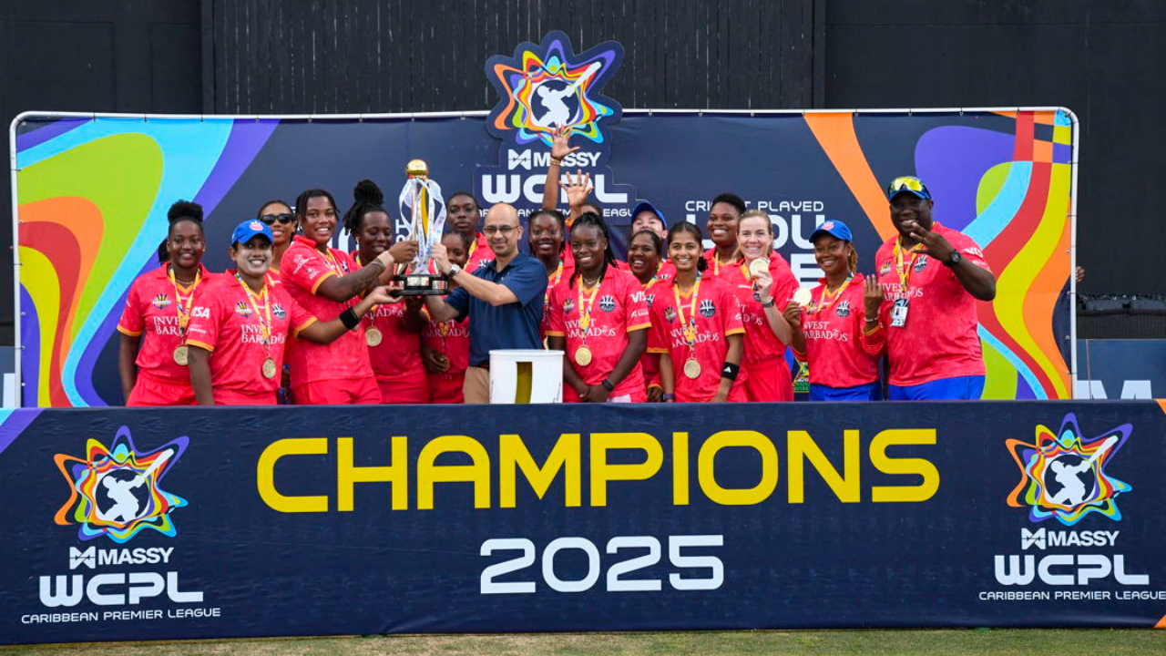 Barbados Royals players celebrate with the Women's Caribbean Premier League trophy after winning the WCPL 2025 title