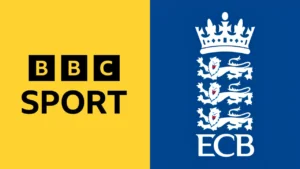 BBC Sport and England and Wales Cricket Board (ECB) logos displayed in a graphic representing cricket broadcasting, media rights, or partnership coverage.