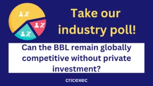 Industry poll graphic asking whether the Big Bash League (BBL) can remain globally competitive without private investment, featuring a pie chart and survey-themed design.