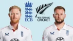 Ben Stokes and Gus Atkinson featured alongside the ECB and New Zealand Cricket logos in a graphic related to an England versus New Zealand cricket series.