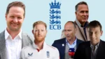 Ben Stokes, Rob Key, Nasser Hussain, Michael Atherton and Michael Vaughan featured alongside the England and Wales Cricket Board (ECB) logo in a composite image about English cricket leadership and analysis.