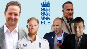 Ben Stokes, Rob Key, Nasser Hussain, Michael Atherton and Michael Vaughan featured alongside the England and Wales Cricket Board (ECB) logo in a composite image about English cricket leadership and analysis.