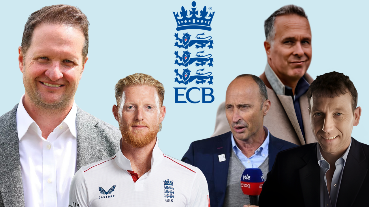 Ben Stokes, Rob Key, Nasser Hussain, Michael Atherton and Michael Vaughan featured alongside the England and Wales Cricket Board (ECB) logo in a composite image about English cricket leadership and analysis.