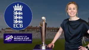 Beth Barrett-Wild standing beside the ICC Women's T20 World Cup trophy with ECB and ICC Women's T20 World Cup 2026 logos in the background.