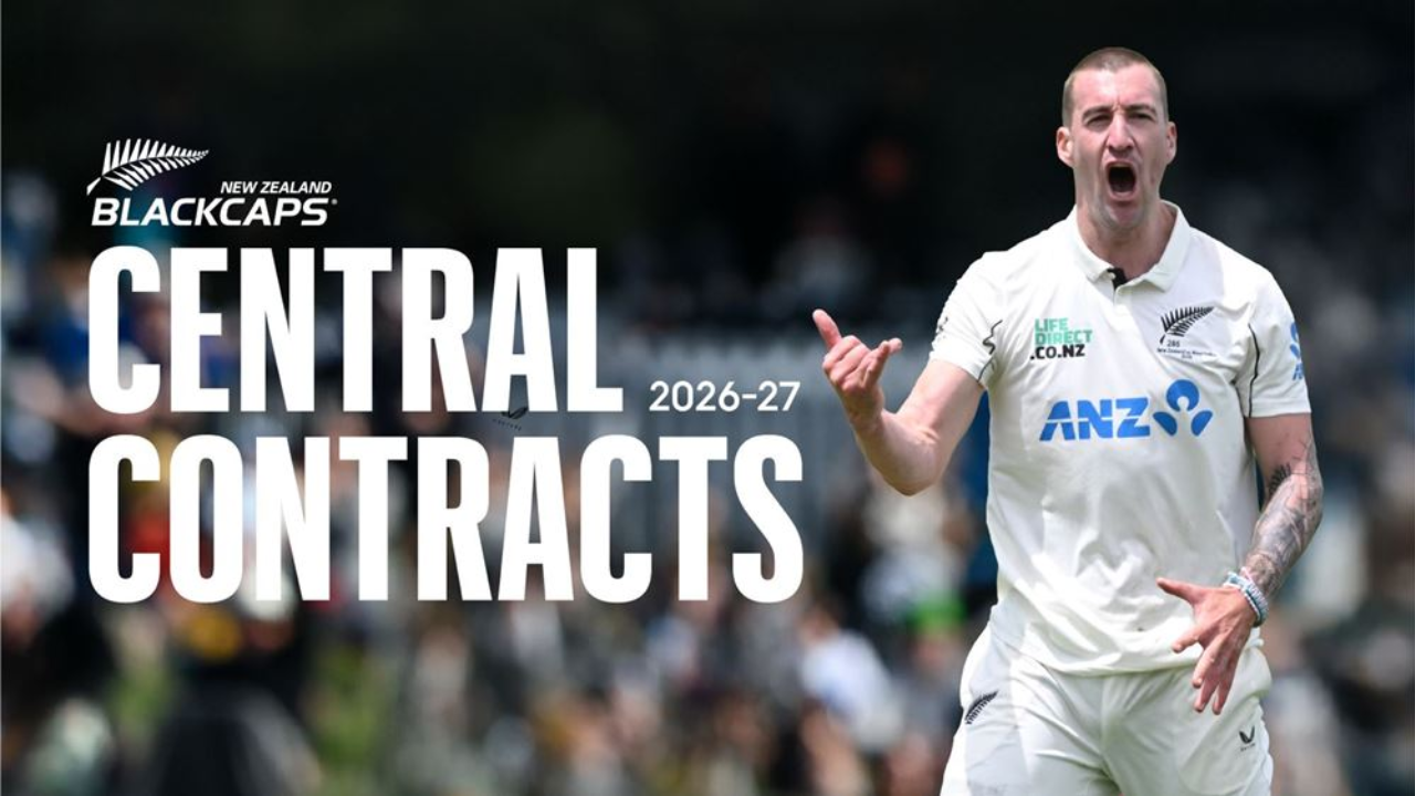 Blair Tickner celebrates during a New Zealand Test cricket match alongside a graphic announcing New Zealand Blackcaps central contracts for the 2026-27 season.