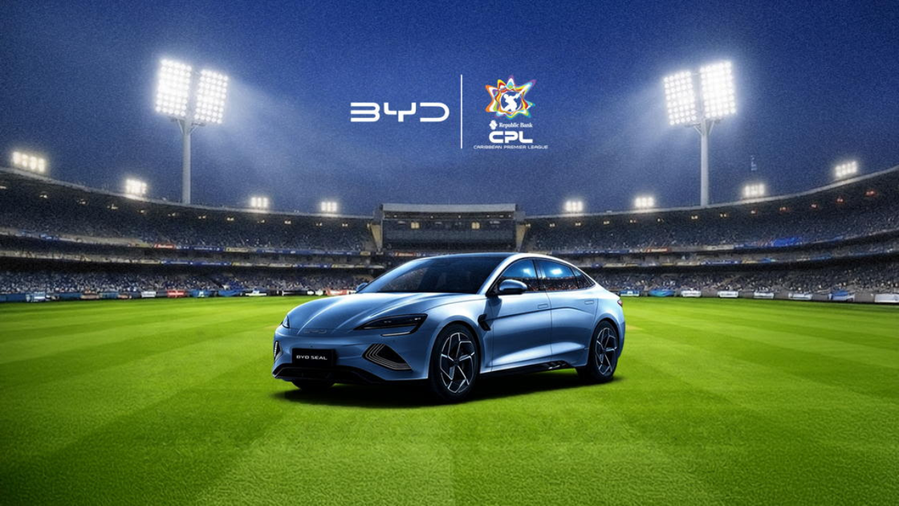 BYD electric vehicle displayed on a cricket field under stadium floodlights as part of the Caribbean Premier League sponsorship and partnership announcement.