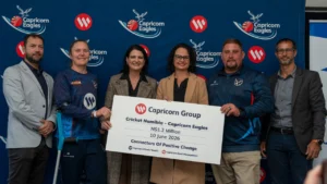 Representatives from Capricorn Group and Cricket Namibia pose during the renewal of their strategic partnership agreement, highlighting continued support for Namibian cricket.