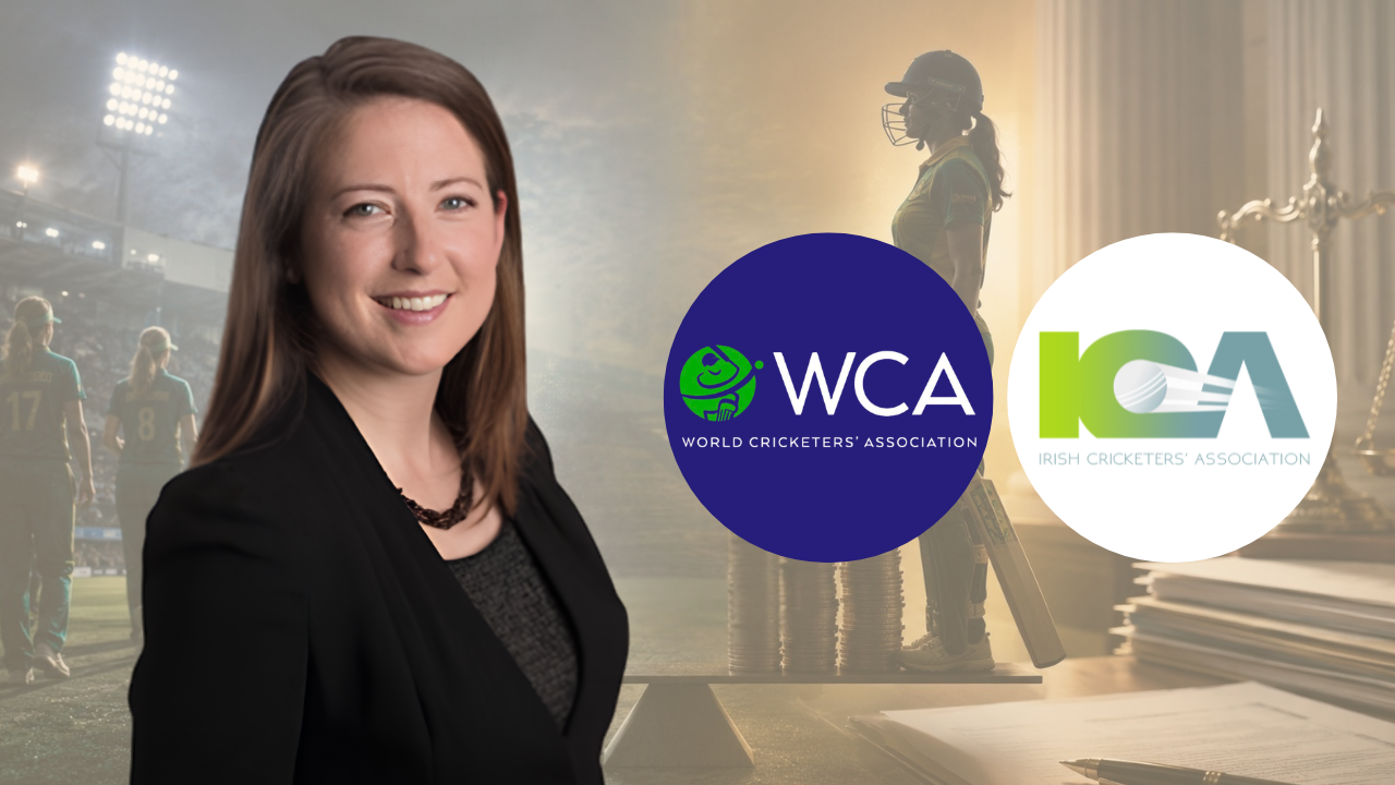Cecelia Joyce featured alongside the World Cricketers’ Association (WCA) and Irish Cricketers’ Association (ICA) logos in a graphic related to player representation and women’s cricket advocacy.