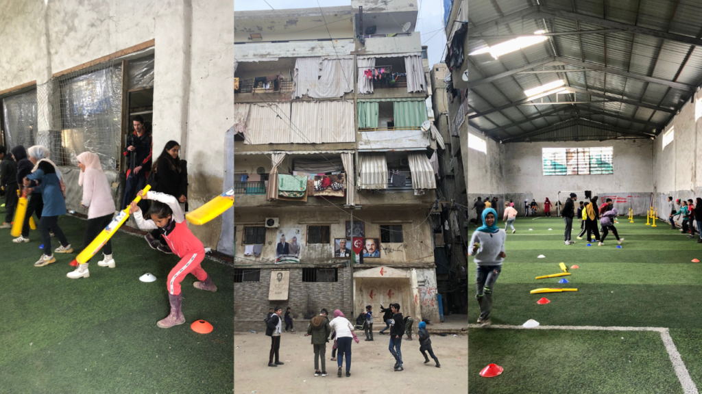 Clare Connor’s visit to Beirut with the MCC Foundation, highlighting grassroots cricket development as children participate in cricket coaching sessions inside community sports facilities in Lebanon.