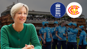 Clare Connor pictured alongside the England women’s cricket team at Lord’s Cricket Ground, with ECB and MCC logos featured in a graphic related to women’s cricket administration and development in England.
