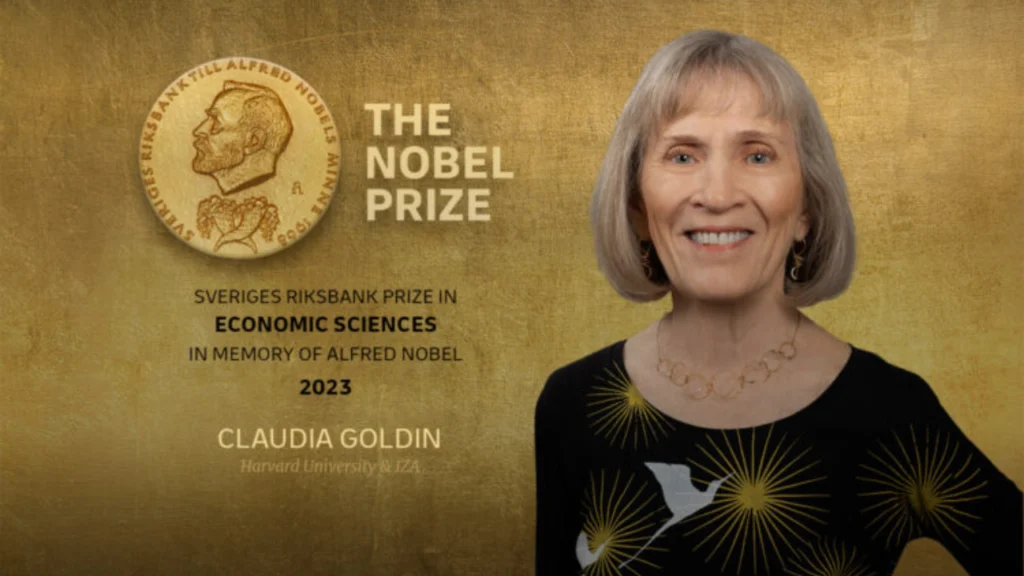 Claudia Goldin, winner of the 2023 Nobel Prize in Economic Sciences, pictured alongside Nobel Prize branding recognizing her research on women’s labor market outcomes and earnings.