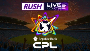 Caribbean Premier League (CPL) promotional graphic featuring the CPL and Rush Live & Louder logos against a packed cricket stadium backdrop with fireworks and celebration effects.