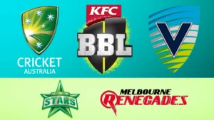 Logos of Cricket Australia, Big Bash League (BBL), Cricket Victoria, Melbourne Stars, and Melbourne Renegades displayed in a promotional collage.