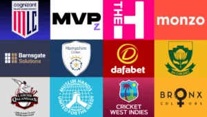 Collage featuring logos of Major League Cricket, MVPz, The Hundred, Monzo, Hampshire Cricket, Dafabet, Cricket South Africa, Lahore Qalandars, Muslim Hands, Cricket West Indies, and Bronx Colors highlighting cricket business partnerships and sponsorships.