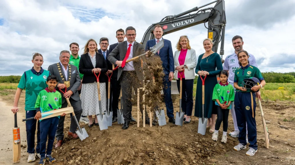 Irish government ministers, Sport Ireland officials, and Cricket Ireland representatives participate in a groundbreaking ceremony for the new National Cricket Stadium in Dublin.