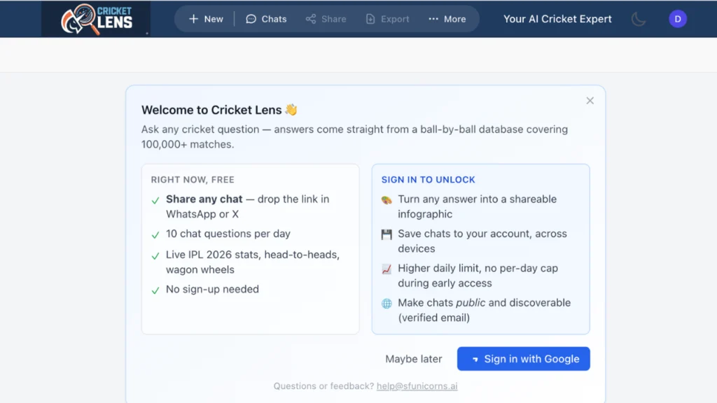 Cricket Lens AI cricket analytics platform dashboard showing chat interface, match statistics tools, and user sign-in options.