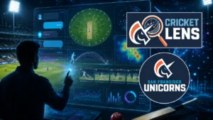 Digital cricket analytics dashboard featuring Cricket Lens AI and San Francisco Unicorns branding, with match data visualizations, player tracking, heat maps, and AI-powered cricket insights.