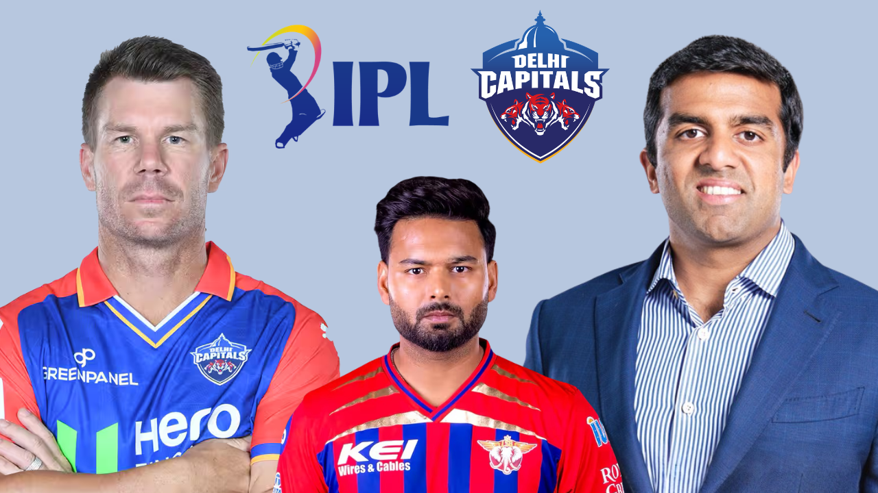 David Warner, Rishabh Pant and Delhi Capitals co-owner Parth Jindal featured alongside the IPL and Delhi Capitals logos.