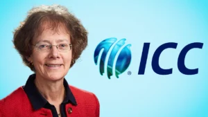 Dr Ros Rivaz, Chief Executive of the International Cricket Council (ICC), pictured beside the ICC logo against a light blue background.