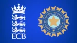 England and Wales Cricket Board (ECB) logo alongside Board of Control for Cricket in India (BCCI) logo on a blue background representing a cricket administration comparison.