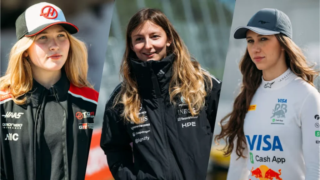 Drivers from F1 Academy, the all-female Formula 1 development racing series, pictured in team apparel during a race weekend