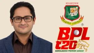 Fahim Sinha portrait alongside Bangladesh Cricket Board (BCB) logo and Bangladesh Premier League (BPL) logo on a beige background