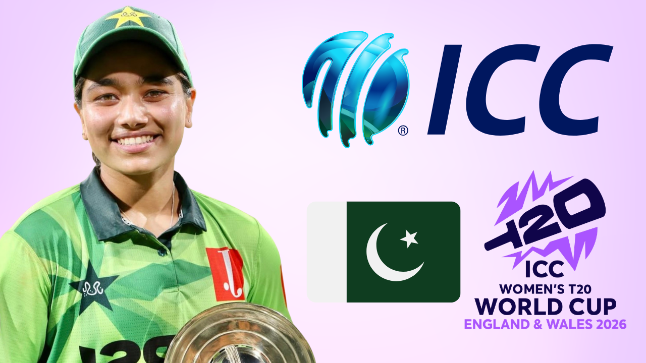 Pakistan women's cricket captain Fatima Sana pictured with ICC and ICC Women's T20 World Cup 2026 logos alongside the Pakistan flag.