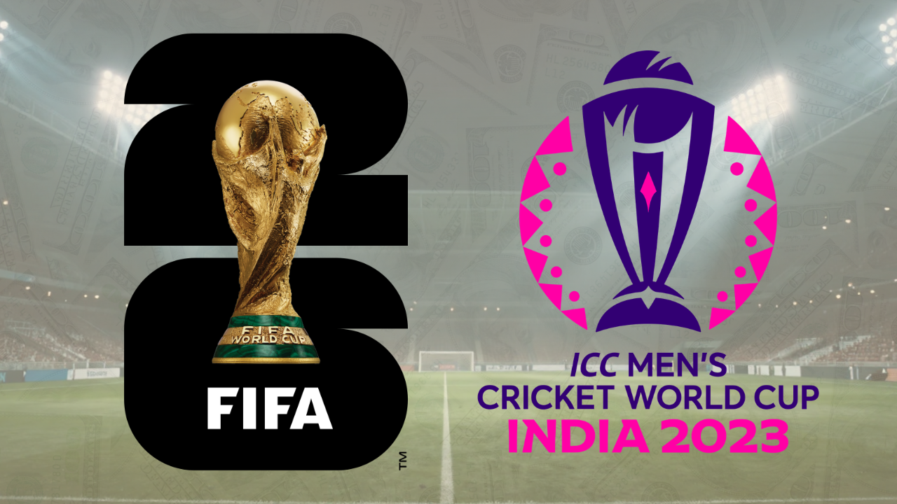 FIFA World Cup 2026 logo with trophy beside ICC Men's Cricket World Cup 2023 logo, illustrating a comparison between football and cricket world tournaments