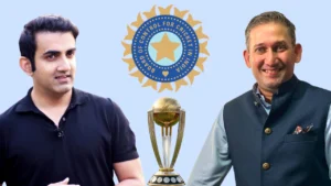 Gautam Gambhir and Ajit Agarkar featured alongside the BCCI logo and ICC ODI World Cup trophy in a graphic related to India's cricket strategy and World Cup preparations.