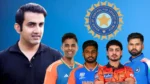 Gautam Gambhir alongside Indian cricketers Suryakumar Yadav, Shreyas Iyer, Sanju Samson, and Ishan Kishan with the BCCI logo, representing discussions around BCCI central contracts, India cricket team selections, and player management in 2026.