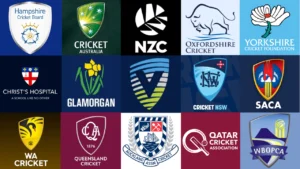 Collection of logos from cricket governing bodies and associations, including Cricket Australia, New Zealand Cricket, Cricket NSW, SACA, Queensland Cricket, Glamorgan, Hampshire Cricket Board, Yorkshire Cricket Foundation, Oxfordshire Cricket, Qatar Cricket Association, Auckland Cricket Association, WA Cricket, and other regional organizations.