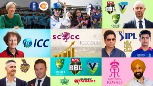 Collage highlighting key figures, cricket governing bodies, franchise leagues and women's cricket initiatives, featuring the ICC, ECB, Cricket Australia, IPL, The Hundred, BBL and Rajasthan Royals.