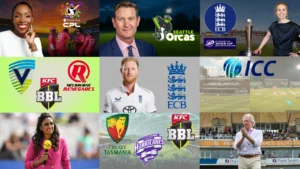 Collage featuring major cricket news stories, including CPL, BBL, ICC and ECB developments, cricket administrators, players, broadcasters and international tournament updates.