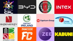 Logos of major cricket sponsors, broadcasters, cricket boards and leagues including CPL, BYD, Afghanistan Cricket Board, Cricket Ireland, Zimbabwe Cricket, FanCode and Zee
