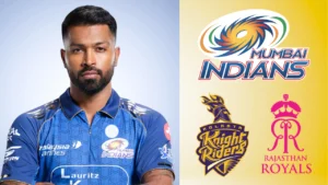 Hardik Pandya in a Mumbai Indians jersey alongside the Mumbai Indians, Kolkata Knight Riders, and Rajasthan Royals logos, illustrating an IPL team-related discussion or transfer speculation.