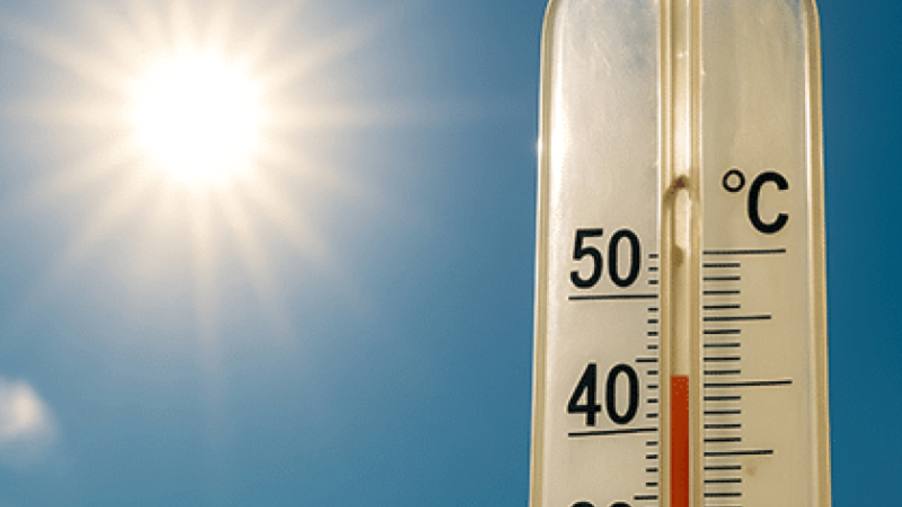 Thermometer showing high temperatures under bright sunshine during a heatwave, illustrating extreme hot weather conditions.