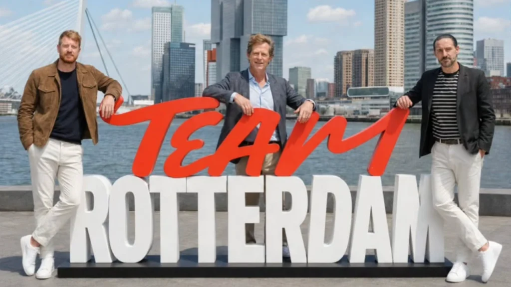 Heinrich Klaasen, Jonty Rhodes, and Faf du Plessis pose in front of the Team Rotterdam sign, expressing excitement for the European T20 Premier League (ETPL) in Rotterdam, Netherlands.