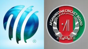 International Cricket Council (ICC) logo displayed alongside the Afghanistan Cricket Board (ACB) logo, representing international and Afghan cricket governance.