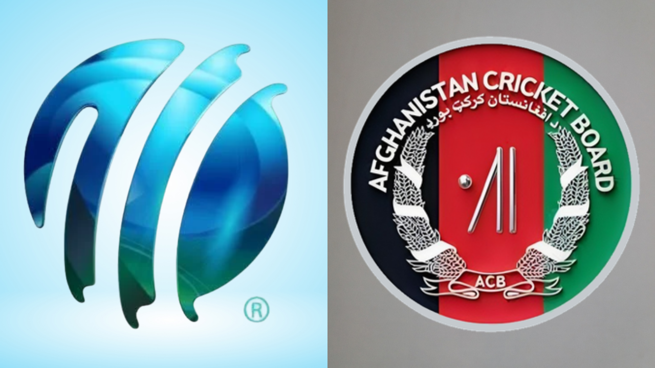 International Cricket Council (ICC) logo displayed alongside the Afghanistan Cricket Board (ACB) logo, representing international and Afghan cricket governance.