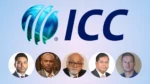 ICC logo displayed above portraits of cricket administrators Mubashir Usmani, Mahinda Vallipuram, Imran Khwaja, Gurumurthy Palani, and Rudie van Vuuren.