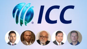 ICC logo displayed above portraits of cricket administrators Mubashir Usmani, Mahinda Vallipuram, Imran Khwaja, Gurumurthy Palani, and Rudie van Vuuren.
