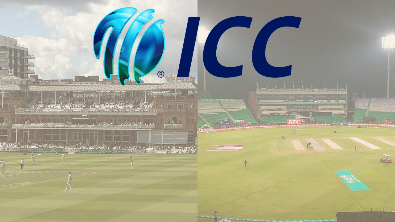 ICC logo displayed over images of Lord's Cricket Ground in London and Gaddafi Stadium in Lahore, representing international cricket tournaments, venue hosting, and ICC event planning.