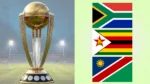 ICC Cricket World Cup 2027 trophy displayed alongside the flags of South Africa, Zimbabwe, and Namibia, the three host nations for the global cricket tournament.