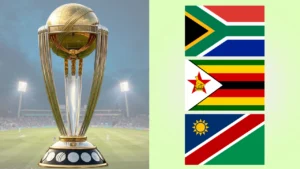 ICC Cricket World Cup 2027 trophy displayed alongside the flags of South Africa, Zimbabwe, and Namibia, the three host nations for the global cricket tournament.