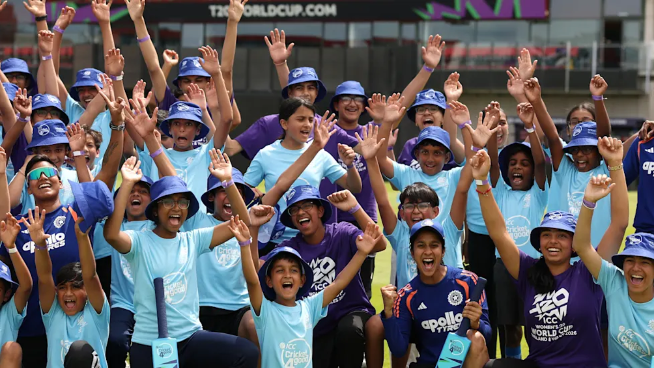 Children and young cricket fans participate in an ICC Cricket 4 Good community event during the ICC Women’s T20 World Cup 2026, celebrating cricket development and engagement.