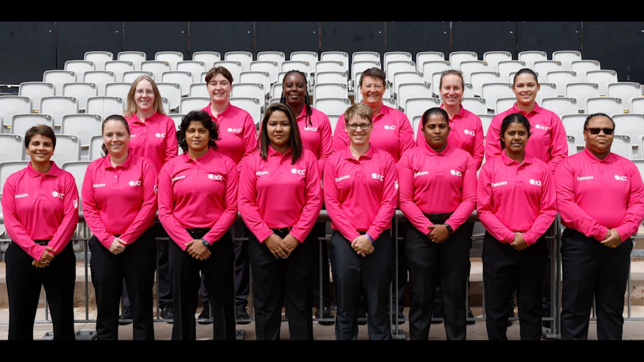 ICC International Panel of Match Officials selected for the Women’s T20 World Cup 2026, featuring female cricket umpires and match referees in official ICC uniforms.