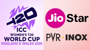 ICC Women’s T20 World Cup 2026 logo alongside JioStar and PVR INOX logos, highlighting a broadcast and cinema partnership for the tournament in England and Wales.