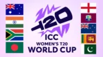 ICC Women's T20 World Cup 2028 logo surrounded by the flags of qualified teams: Australia, India, South Africa, Bangladesh, England, West Indies, New Zealand, Sri Lanka, and Pakistan.