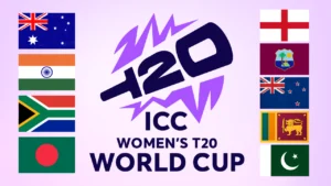 ICC Women's T20 World Cup 2028 logo surrounded by the flags of qualified teams: Australia, India, South Africa, Bangladesh, England, West Indies, New Zealand, Sri Lanka, and Pakistan.